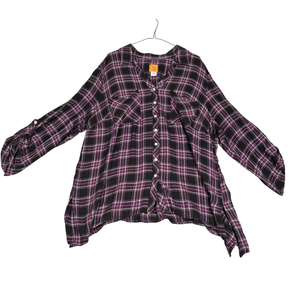 Ruby Rd Plaid Button Up Top Woman 2X Purple Sharkbite Hem Roll Tab Sleeve